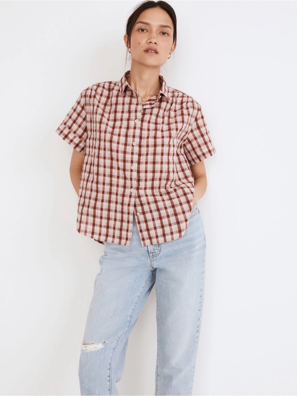 Madewell Seersucker Baybrook Button-Front Short Sleeve Shirt | size XL